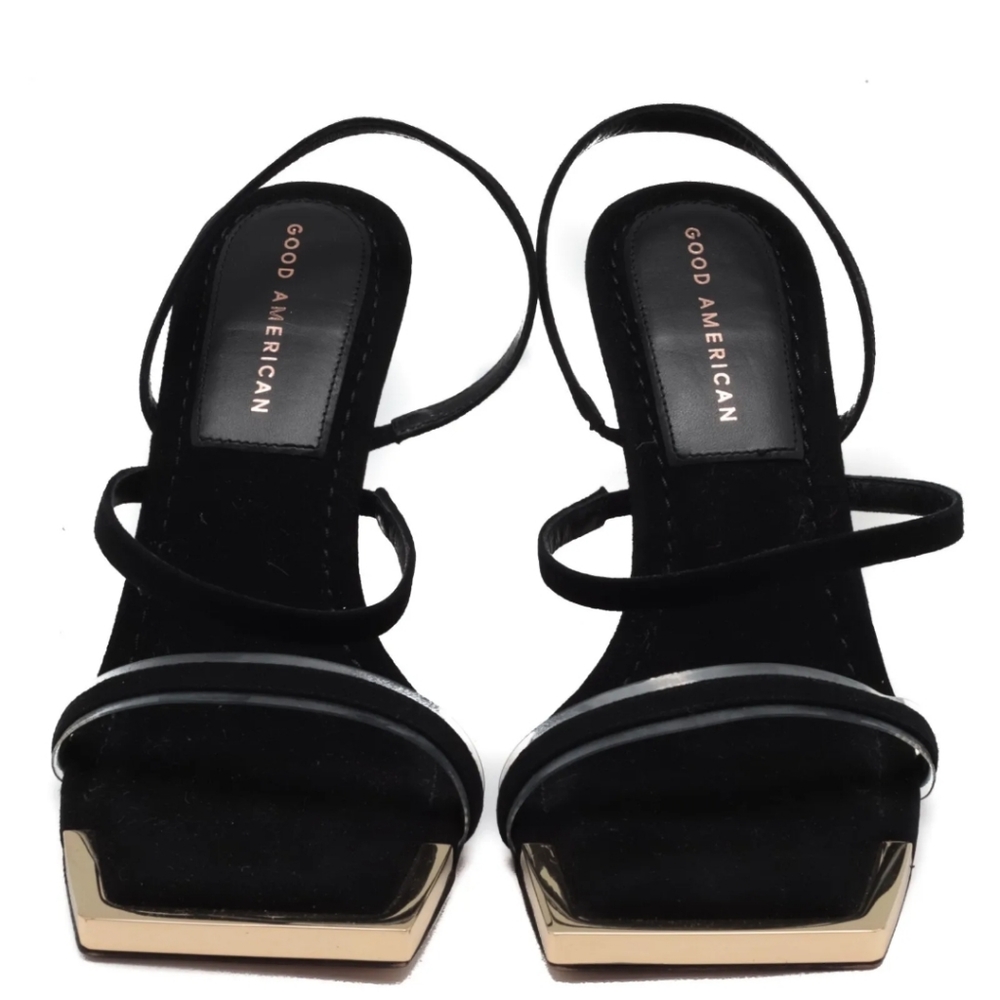 Good American, The Standout Square Toe Sandal, Suede Black Size 10,NIB